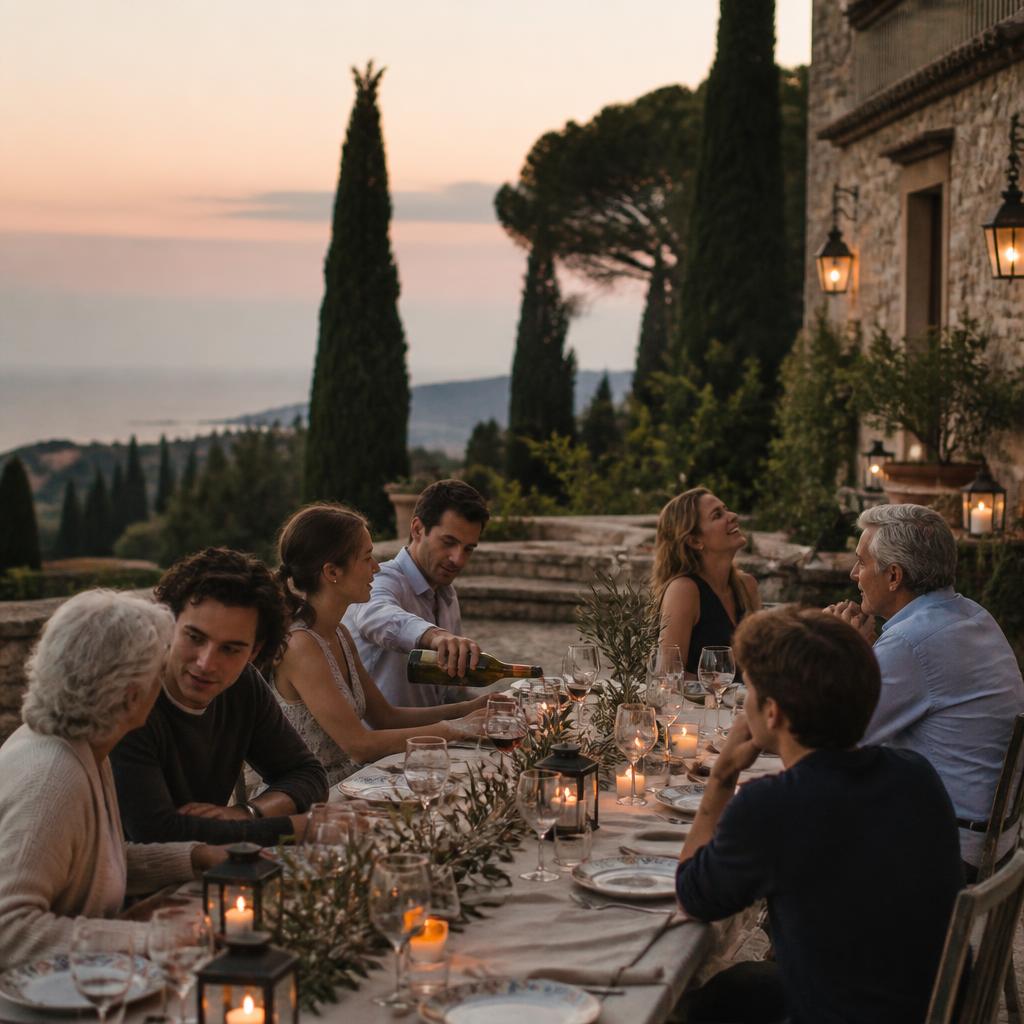 Three generations of a family at a candlelit dinner on a Mediterranean villa terrace at dusk, cypress trees and distant sea beyond the stone balustrade