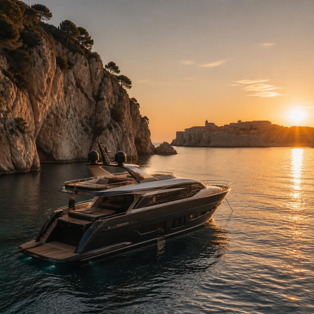 A sleek boutique yacht at anchor beside limestone cliffs on the Dalmatian coast at golden hour, a walled coastal town glowing on the far shore