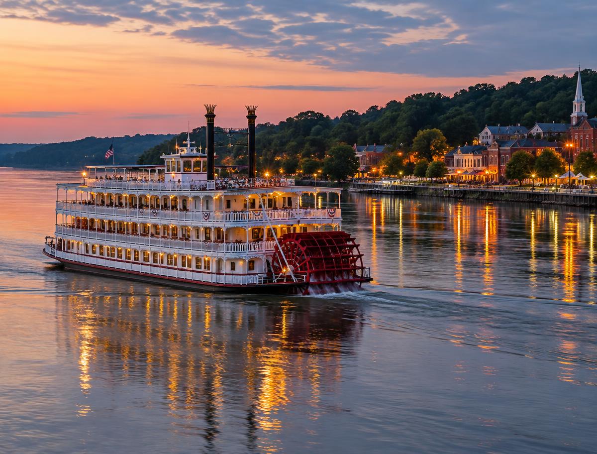 A classic multi-deck American riverboat with a red paddlewheel on the Mississippi at dusk, a riverfront town glowing on the bank