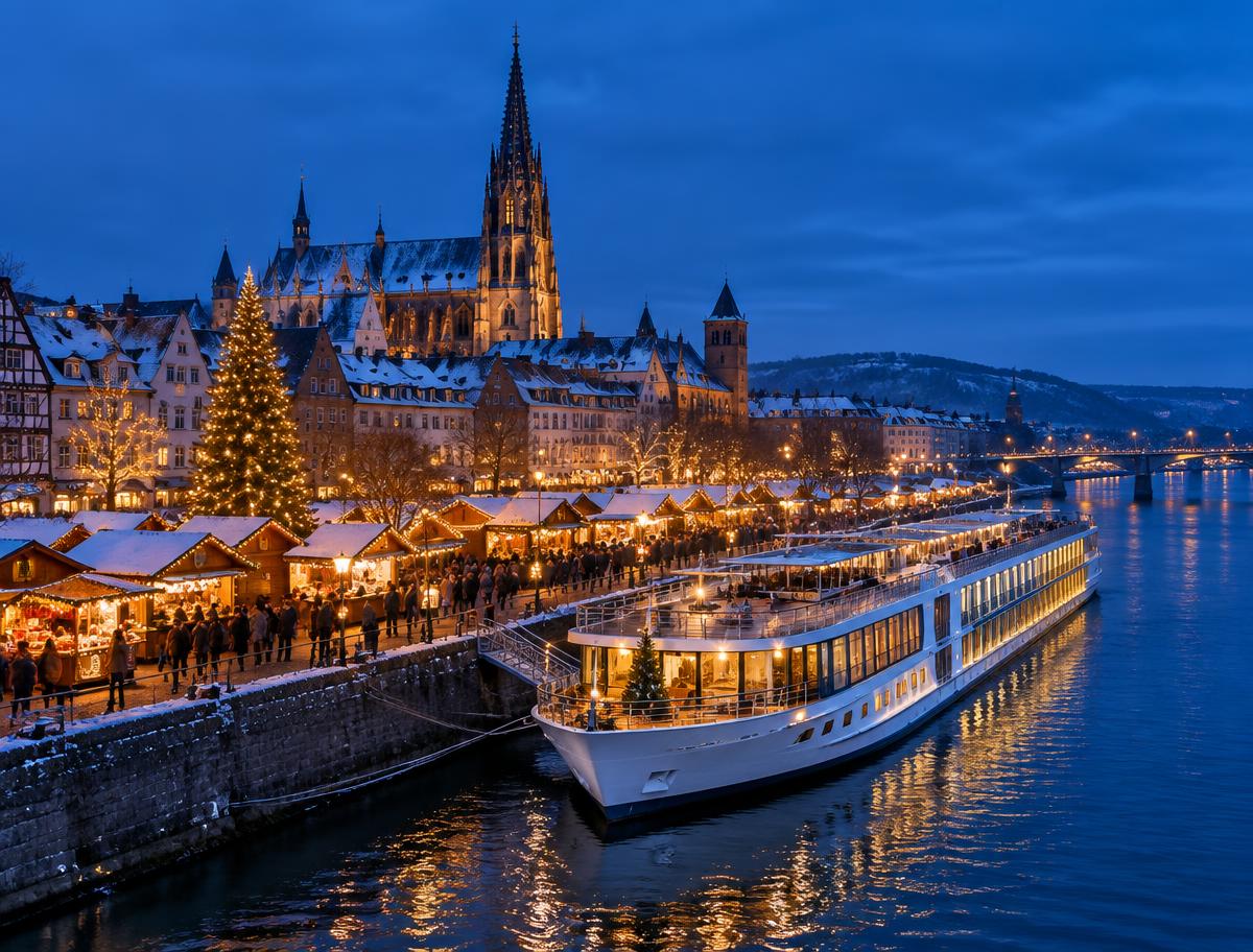 A river cruise ship moored beside a glowing Christmas market of wooden stalls on the Rhine at blue hour, cathedral spire behind