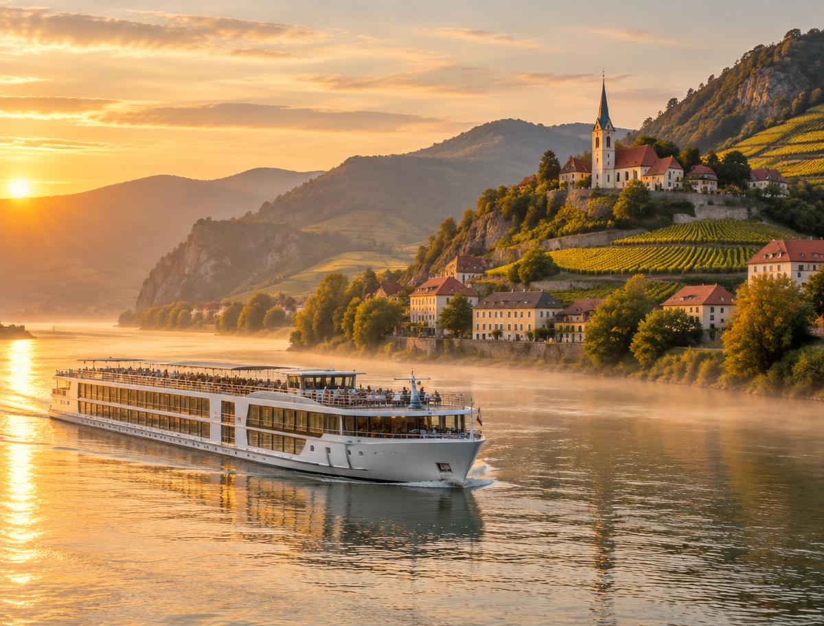 A river cruise ship gliding past terraced vineyards and a hilltop village with a church spire in the Wachau Valley at golden hour